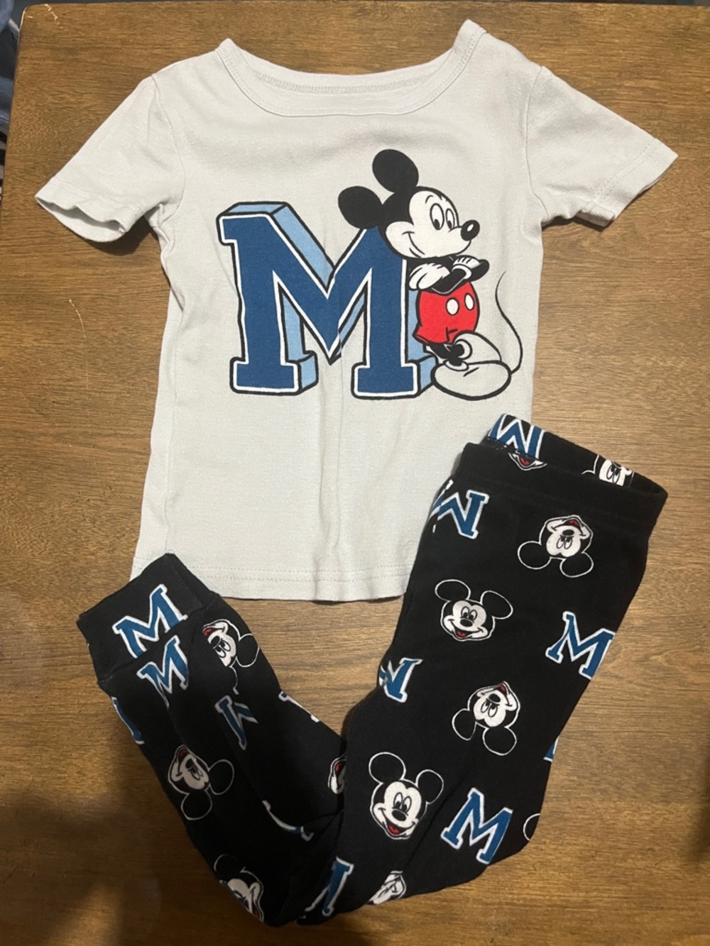 Disney Kids Pajama Set White Top & Black Pants with Blue M Letter and Mickey
